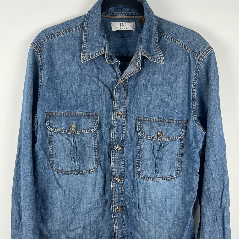 TNL Mode Shirt Button Up Size S Blue Denim Long Sleeve Pockets 100% Cotton